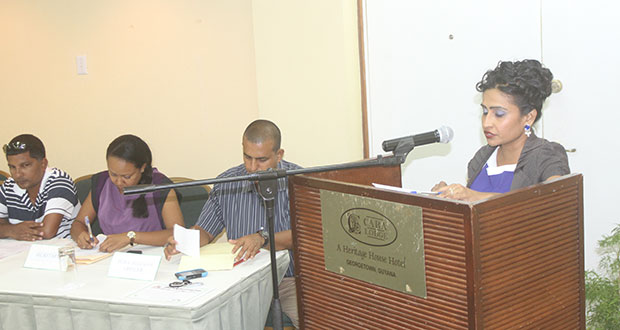 President of the Guyana Taxi Service Association, Hemwantie Khan, making her remarks