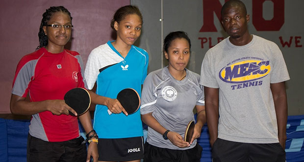 Guyana’s CAC Games-bound Table Tennis players from left are Akecia Nedd, Chelsea Edghill, Natalie Cummings, with coach Idi Lewis.
