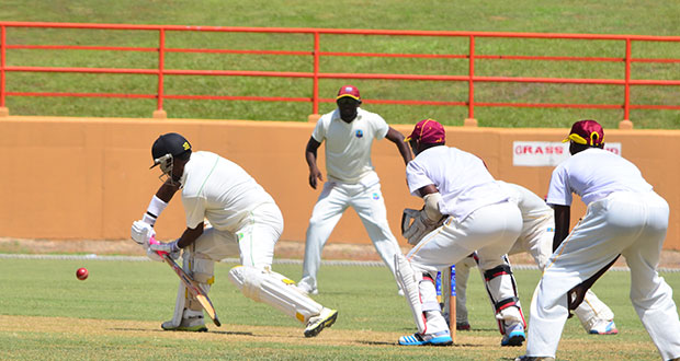 Guyana Jaguars’ first innings centurion Narsingh Deonarine plays a forward defensive stroke during his side’s first round contest against Leeward Islands at the Guyana National Stadium, Providence. (Photo by Adrian Narine)