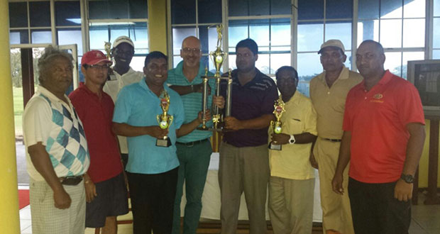 The victorious Rest of the World team, minus Roberto Grisi, from left: Hilbert Shields, Ian Gouveia, Mohanlall ‘Santo’ Dinanuth, Kalyan Tiwari, Nick Jackson, Richard Haniff, Kishan Bacchus, Fazil ‘That’s it’ Haniff and Parmanand ‘Max’ Persaud.