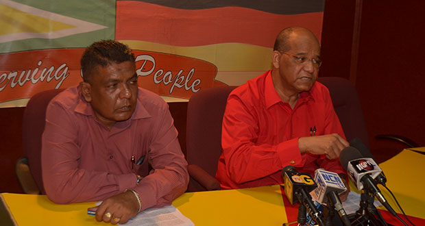 PPP General-Secretary, Clement Rohee, right, with the party’s Executive Secretary, Zulfikar Mustapha
