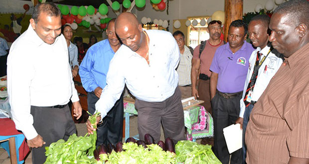 Permanent Secretary of the Ministry of Culture Youth and Sport, Mr Alfred King, picks up vegetables cultivated at the New Opportunity Corps while Minister of Culture, Youth and Sport, Dr Frank Anthony, looks on appreciatively