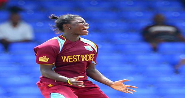 Flashback! Berbice, Guyana and West Indies fast bowler Tremayne Smartt is ecstatic after taking her maiden five-wicket haul against New Zealand in St Kitts last September.