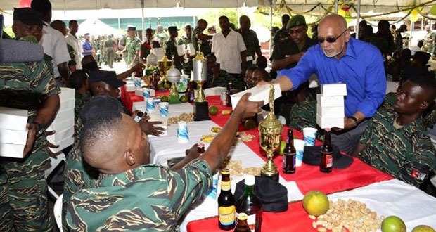 President Donald Ramotar sharing meals to junior ranks of the Guyana Defence Force at Camp Stephenson, Timehri