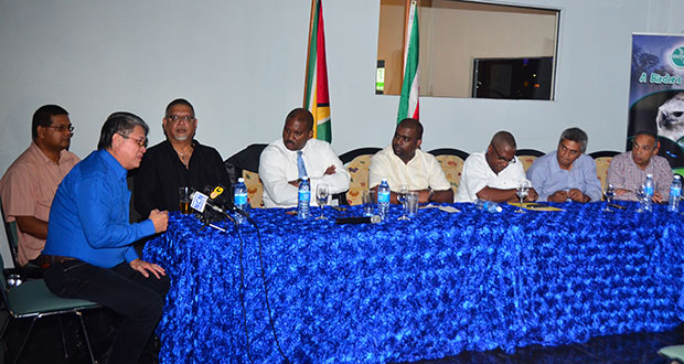 From left: Surinamese Agriculture Minister policy adviser, Phillip Young; Harold Singh, Director of the Guyana Tourism Authority; President of Caribbean Association of Industry and Commerce (CAIC), Ramesh Dookhoo; Georgetown Chamber of Commerce and Industry (GCCI), Lance Hinds; Chairman of the Private Sector Commission (PSC) Ramesh Persaud; President of the Chamber of Commerce Industry Suriname, HenkNaarendorp; Vice President of the Chamber of Commerce Industry Suriname, AnilkumarPadarath; and vice-chairman of the PSC, Edward Boyer (Adrian Narine photo)