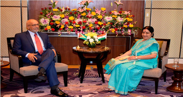 President Donald Ramotar in meeting yesterday in Gujarat with Ms Sushma Swaraj, Minister of External Affairs and Overseas Indian Affairs