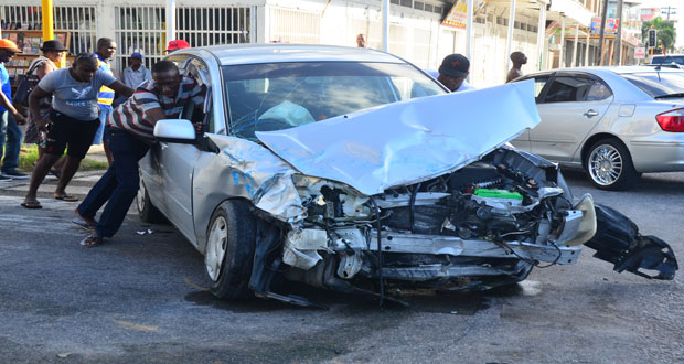 The damaged car following the accident