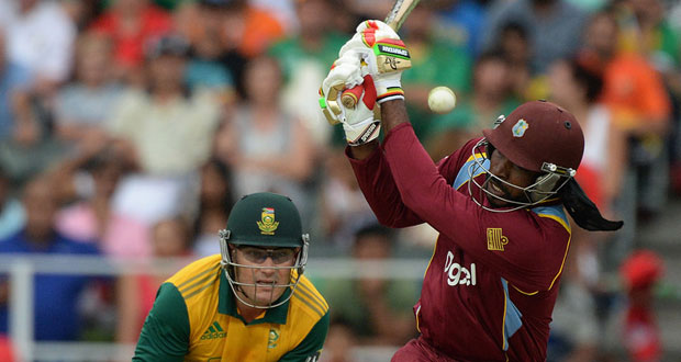Chris Gayle hits out during his destructive innings of 90 from 41 balls at Bidvest Wanderers Stadium, yesterday as the West Indies achieve a world record run chase.