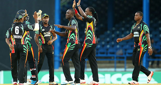Guyana Jaguars celebrate another wicket in their  Group “A” match against  Barbados Pride in the NAGICO Super50 Tournament yesterday at Queen’s Park Oval. (Photo by WICB Media/Ashley Allen)