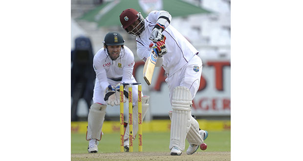 Marlon  Samuels uses his feet once too often against  off-spinner Simon Harmer and holes out to long-on when well set on 74.