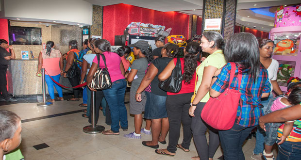 The lengthy queue to purchase tickets for “Fifty Shades of Grey”at the Princess Theatre last Friday