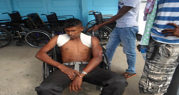 The injured and distraught biker, Shaliendar Ramcoomar outside the Georgetown Public Hospital