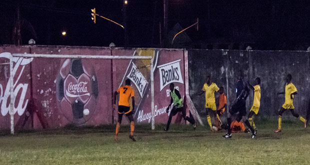 GOAL! Slingerz FC’s Julian Wade gets his team the early lead in the 6th minute. (Samuel Maughn photos)