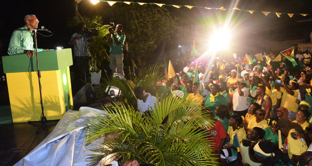 APNU+AFC presidential candidate, David Granger,
addressing supporters at the Whim Rally