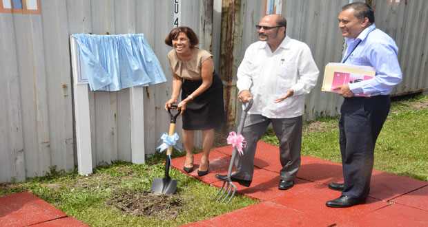 First Lady Deolatchmee Ramotar turns the sod for the 
expansion as Health Minister Dr Bheri Ramsaran and 
Hospital CEO Michael Khan looks on (Samuel Maughn photo)