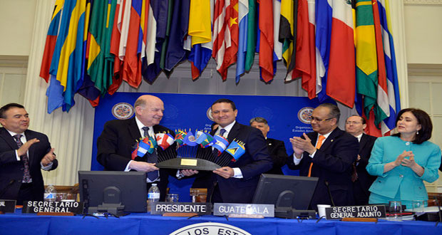 The OAS General Assembly elects next Assistant Secretary General. Third left is Nestor Mendez (Photo courtesy OAS)