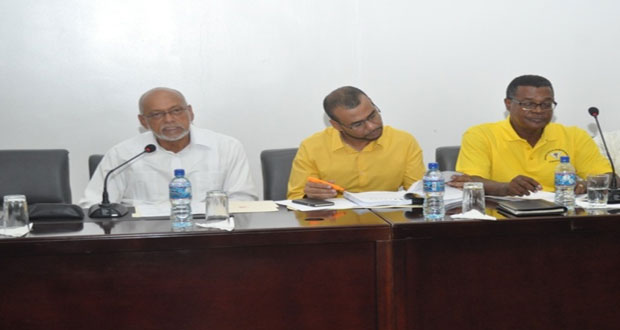 Serious talk: Seated at the head table during discussions with the mining community are, from left, President Donald Ramotar; Natural Resources Minister, Mr  Robert Persaud; and GGDMA President, Mr Patrick Harding