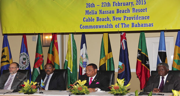 LR - Secretary of CARICOM, Amb. Irwin LaRocque, Prime Minister Gaston Browne, Prime Minister Perry Christie, and Prime Minister Freundel Stuart