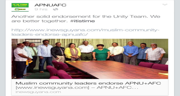 The second post on the APNU+AFC’s Facebook page which reads: “Another solid endorsement for the Unity Team.