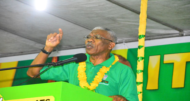 Presidential candidate of the APNU+AFC coalition, David Granger, delivering his speech at the coalition’s Unity Rally last Sunday evening at Bartica.(Photos by Samuel Maughn)