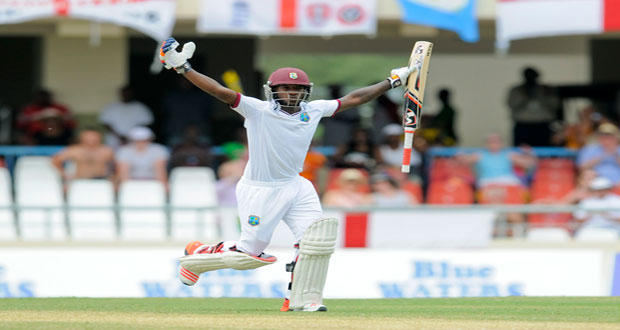 West Indies batsman Jermaine Blackwood celebrates his first century on day three of the first Test in Antigua. (Photo by WICB Media/Randy Brooks of Brooks Latouche Photography)