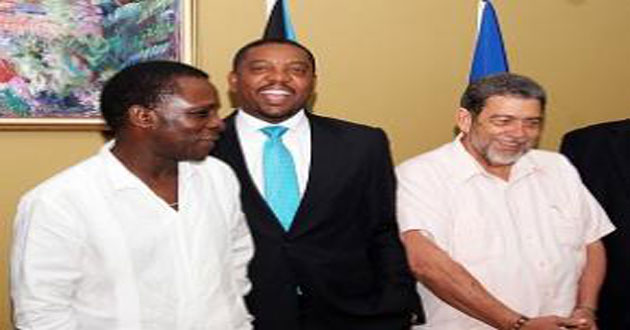 WICB president Dave Cameron is flanked by Grenada's Prime Minister Dr Keith Mitchell (left) and St Vincent's Prime Minister Dr Ralph Gonsalves.