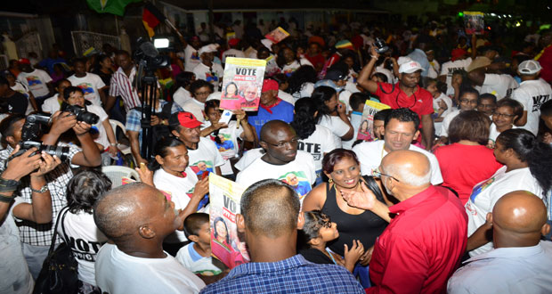 President Donald Ramotar is regaled by
supporters at the Bartica rally last evening