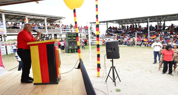 President Donald Ramotar addressing the large crowd at Lethem, in Region Nine