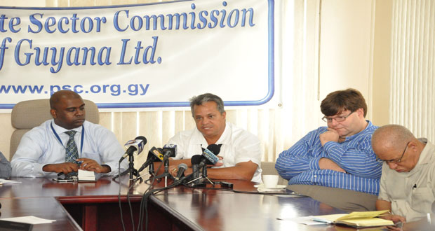 Chairman of the Private Sector Commission (PSC), Ramesh Persaud along with Gerald “Gerry” Gouveia, Chairman of Governance and Security within the PSC and US Embassy Chargé d'Affaires, Bryan Hunt at the press briefing yesterday