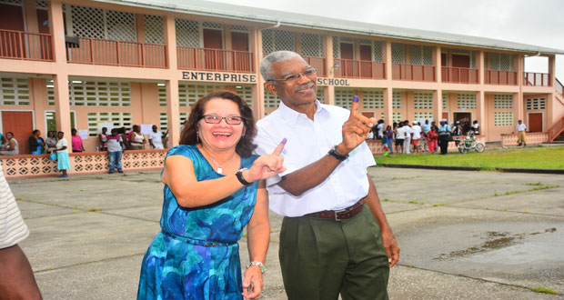 Presidential Candidate of the APNU+AFC coalition, Brigadier (ret’d) David Granger and his wife Sandra Granger moments after voting at the Enterprise Primary School