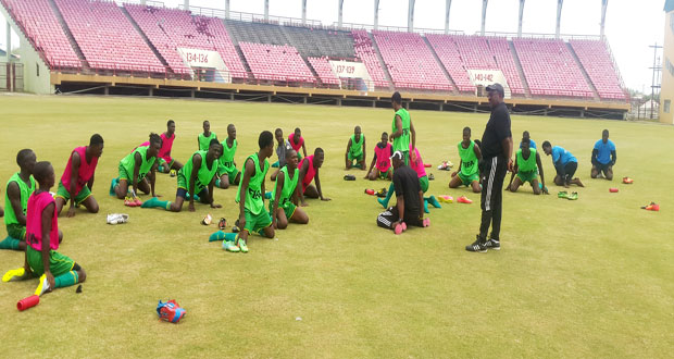 Head coach Jamaal Shabazz paying attention to his troops during training at the Guyana National Stadium.