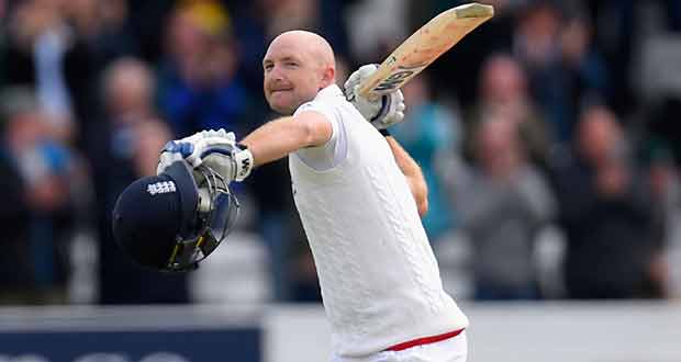 Adam Lyth celebrates his maiden Test hundred against  New Zealand in the  2nd Investec Test at Headingley, Leeds.