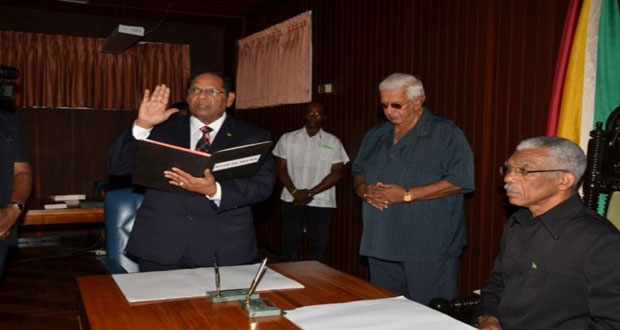 Moses Nagamootoo being sworn in as Prime Minister of Guyana on Wednesday