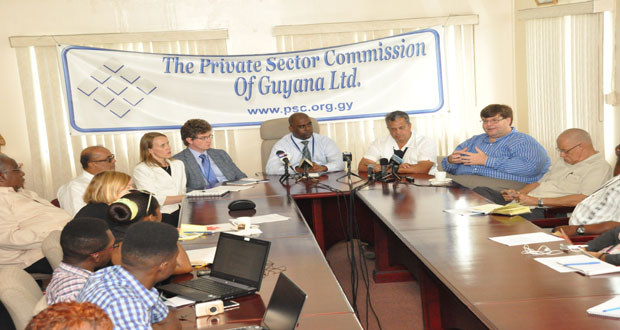 US Charge d’Affaires Brian Hunt (third right) speaking at the joint press briefing yesterday