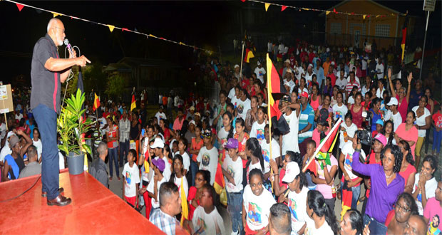 President Donald Ramotar addressing the PPP/C’s public meeting at Whim, East Berbice last night (Adrian Narine photos)