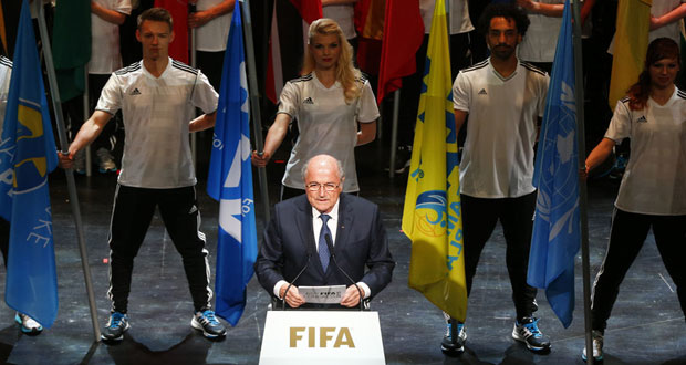 FIFA President Sepp Blatter addresses the audience at the opening ceremony of the 65th FIFA Congress in Zurich yesterday. The leader of soccer's governing body has rejected calls to resign. (Arnd Wiegmann/Reuters)