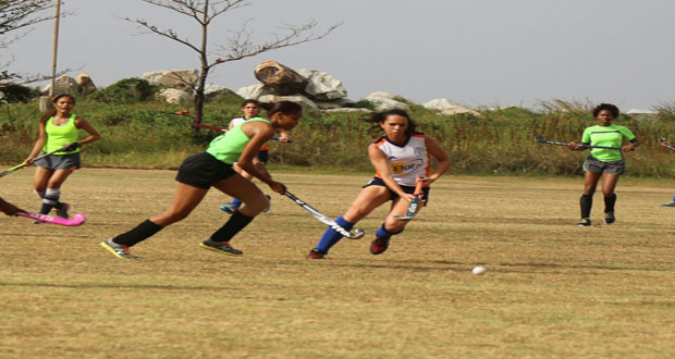Part of the action in the Woodpecker Products’ ladies hockey match between Hikers (in green tops) and GCC ladies at the St Stanislaus College ground over the weekend.