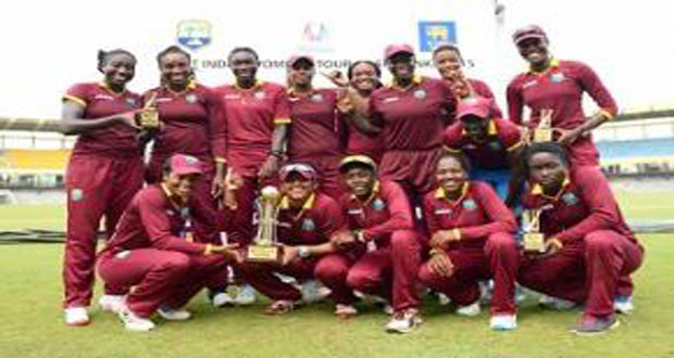 West Indies Women pose with the series trophy after beating Sri Lanka Women.