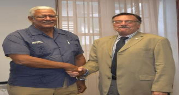 Agriculture Minister, Mr. Noel Holder and Argentine Ambassador to Guyana, Mr. Luis Alberta Marino during their meeting yesterday