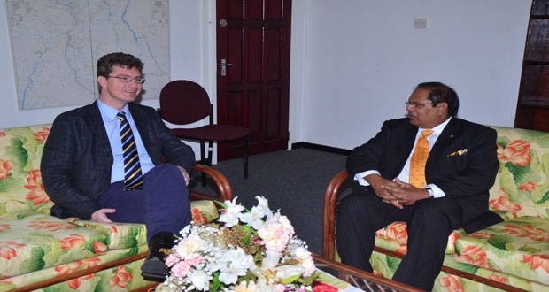 British High Commissioner James Quinn pays a courtesy call on Prime Minister Moses Nagamootoo (Photo by Adrian Narine)