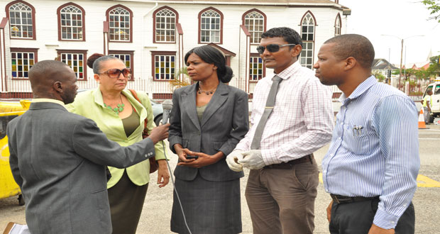 The M&CC posse: From second left are:  Deputy Mayor Ms. Patricia Chase-Green; Deputy Town Clerk (Ag), Ms Sharon Harry; Solid Waste Director, Mr Walter Narine; and City Engineer (Ag), Mr Ron Eastman