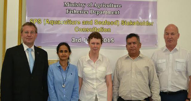 In photo, from left, are Ambassador Robert Kopecky; Dr. Susan Singh-Renton; Consultant Expert from Matis Ltd. Icelandic Food and BioTech R&D, Helga Gunna Laungsdo`ttir; Chief Fisheries Officer, Ministry of Agriculture Denzil Roberts and another consultant expert from Matis Ltd, Margeir Gissurarso