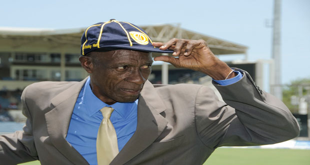 Sir Wes Hall wears his ICC Hall of Fame cap after becoming the 18th West Indies player to be inducted into the ICC Cricket Hall of Fame at Sabina Park, on the first day of the second Test. (Photo by WICB Media/Randy Brooks of Brooks Latouche Photography)