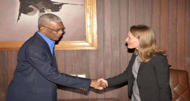 President David Granger greets Canadian High Commissioner to Guyana, Dr Nicole Giles at the Ministry of the Presidency, yesterday