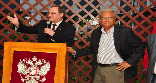 Russian Ambassador Mr Nikolay Smirnov, in the company of Education Minister Dr Rupert Roopnaraine, addressing the reception