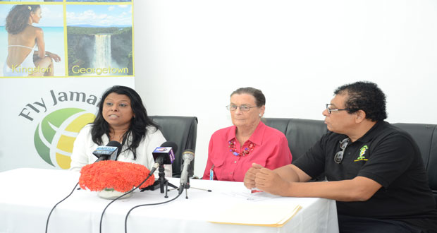 Ms Margaret Chan-A-Sue (Centre) and representatives from Fly Jamaica and the flight school sharing a press conference