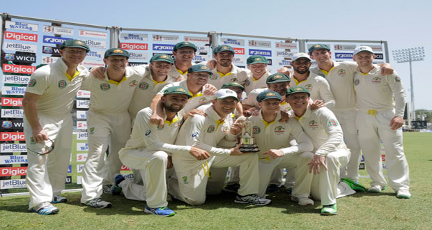 The victorious Australia cricket team pose with the Sir Frank Worrell trophy after defeating the West Indies by 277 runs at Sabina Park in Jamaica. (Photo by WICB Media/Randy Brooks of Brooks Latouche Photography)