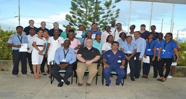 GPHC’s Chief Executive Officer, Michael Khan, along with Dr. Zulfikar Bux, Director of Accident & Emergency; Dan Batsie, Head, Atlantic Emergency Medical Service training; and the graduating students 