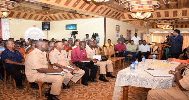 Minister of Public Security and Second-Vice President Khemraj Ramjattan addressing the Executives of the
Upper Corentyne Chamber of Commerce and members of the Upper Corentyne Fisherman’s Coop Society Limited
Wednesday at City Inn Hotel at Line Path, Skeldon
