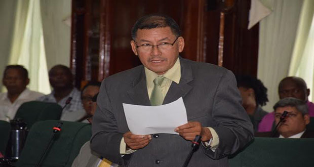Minister of Indigenous People’s Affairs Sydney Allicock making his presentation to the National Assembly on June 25, 2015